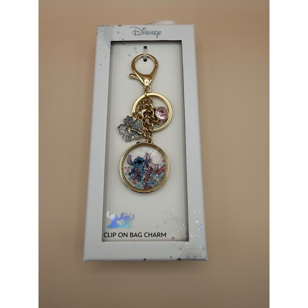 Disney x LA Rocks Stitch and Angel Gold Shaker Bag Charm Keychain NIB Pink